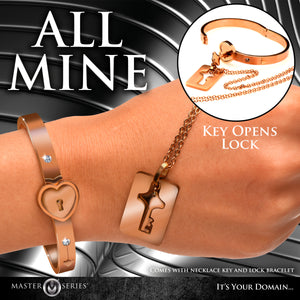 Cuffed Locking Bracelet and Key Necklace - Rose Gold-2