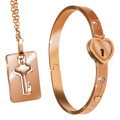 Cuffed Locking Bracelet and Key Necklace - Rose Gold-0