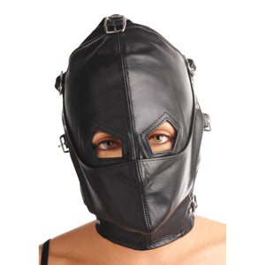 Asylum Leather Hood with Removable Blindfold and Muzzle- ML