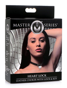 Heart Lock Leather Choker with Lock and Key - Black