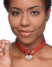 Load image into Gallery viewer, Heart Lock Leather Choker with Lock and Key - Red